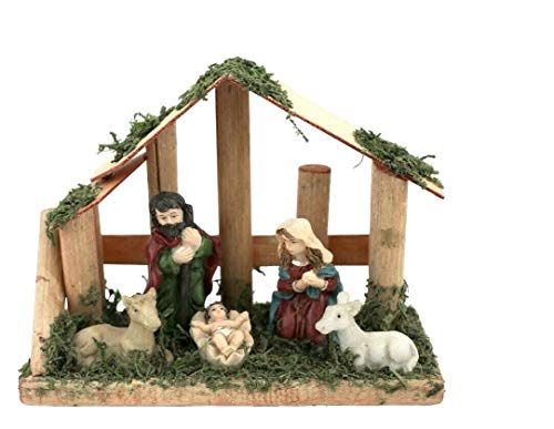 Geri 15cm Small Wooden Christmas Crib Decoration with 5 Resin Nativity Figures | Xmas Nativity Scene with Artificial, Moss-Effect Greenery | Christian Christmas Decorations for Office, School & Home