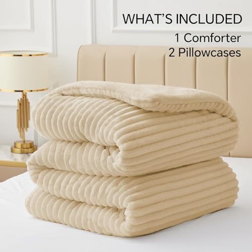 Image of BEDELITE Fleece Full Comforter Set -Super Soft & Warm Fluffy Beige Bedding, Luxury Fuzzy Heavy Bed Set for All Season with 2 Pillow Cases