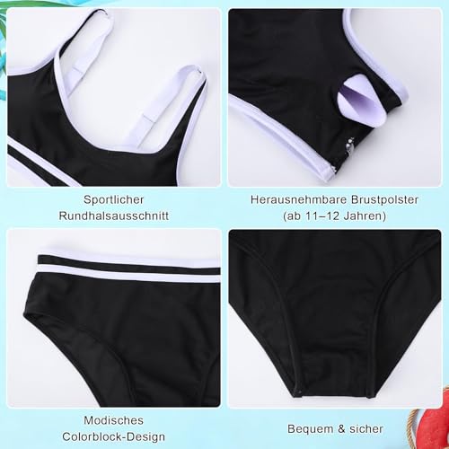 ADUDVLO Bikini Mädchen mit verstellbaren Trägern 2-teiliges Bikini Teenager Mädchen Badeanzug für Mädchen 7–18 Jahre (DE/NL/SE/PL, Alter, 11 Jahre, 12 Jahre, Regular, Schwarz)