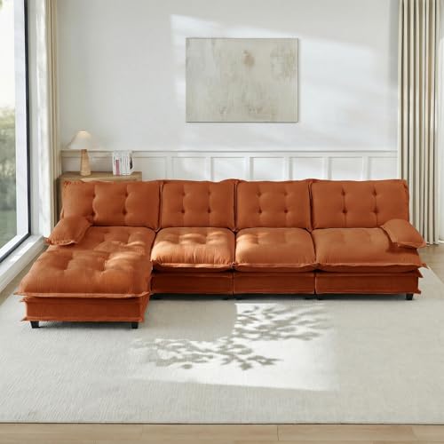 Image of 138 inch L-Shaped Sectional Couches for Living Room, Orange 4 Seater Modern Chenille Deep Seat Sofa Set, Salas para Casa, High Back Cloud Couch Modular Sectional Sets with Ottoman