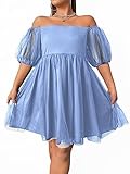 WDIRARA Women's Plus Size Mesh Puff Sleeve Square Neck Ruffle Hem Solid A Line Short Dress Blue 2XL