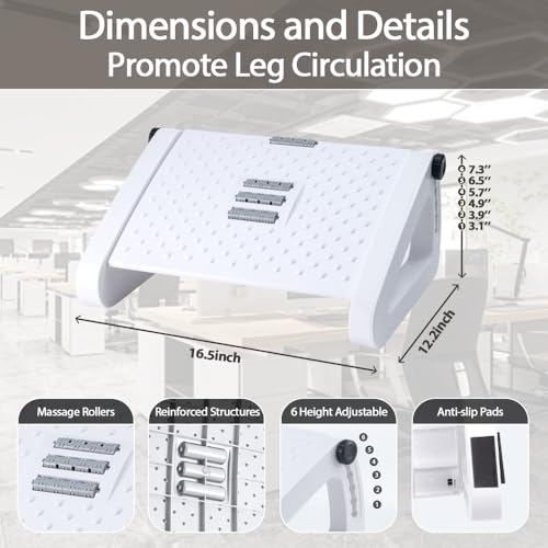 Image of CasaZenith Foot Rest, Six Heights Adjustable Foot Rest for Under Desk at Work, Ergonomic Foots Stool for Under Office Desks, Under Desk Footrest with Foot Massage Roller, Chair Footrest - White