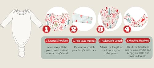 Newborn Baby Girls Knotted Gown Sets Nightgowns Soft Sleeper Gown with Headband Set for Baby -2 Pieces (Blue and Red Christmas, 0-3 Months)2
