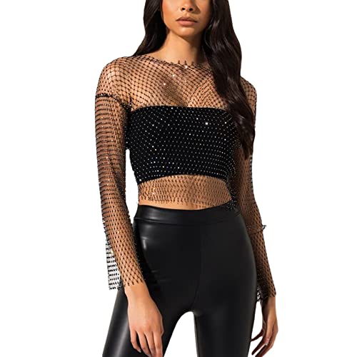 WUOOYOQ Camiseta corta sexy de malla con diamantes de imitación para mujer, cubierta de malla transparente con purpurina, manga larga hueca, ropa de club, Negro, S Cover