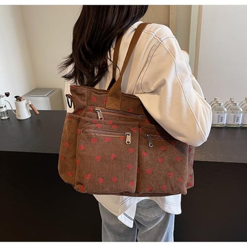 Image of Women Strawberry Bags, Corduroy Everyday Tote Bag Kawaii Shoulder Purse Handbag Crossbody Work Bag
