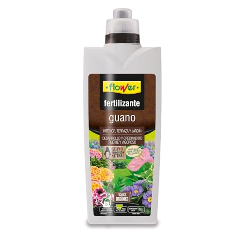 Flower - Fertilizante Líquido Guano 1L | Abono Guano NPK 6-4-5 | Plantas Interior, Exterior y Jardín | Fertilizante Orgánico Natural | Tapón Dosificador