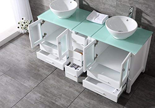Wonline 60" White Double Wood Bathroom Vanity Cabinet And Round Ceramic Sink W/Mirror Combo Wash Basin With Faucet (Round Bowl) #TOP2