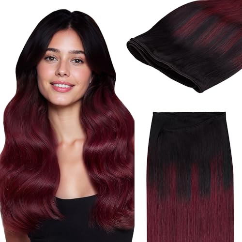 Image of GOO GOO Sew in Hair Extensions Real Human Hair, Weft Hair Extensions Human Hair, #1 /99j Balayage Jet Black to Red 22inch 110g, Weft Bundles Straight Silky Remy Hair