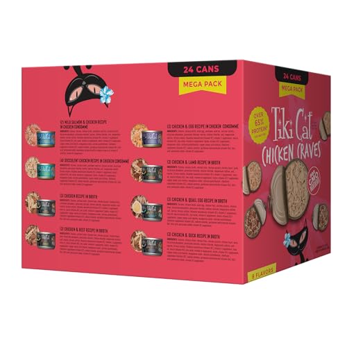 Image of Tiki Cat Wet Cat Food Mega Pack, Chicken Craves Variety Pack, 2.8 oz. Cans (24 Count) | High-protein Nutrition, Real Shredded Chicken, Grain and Potato Free, High-moisture Broth, 2.8 Oz. Cans (24 Count)