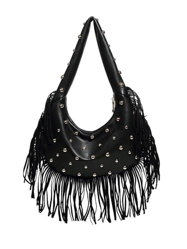 MakeMeChic Bolsa feminina de ombro de couro sintético cravejado com franjas Y2k Y2k Bolsa de mão, Preto, One Size, Macio