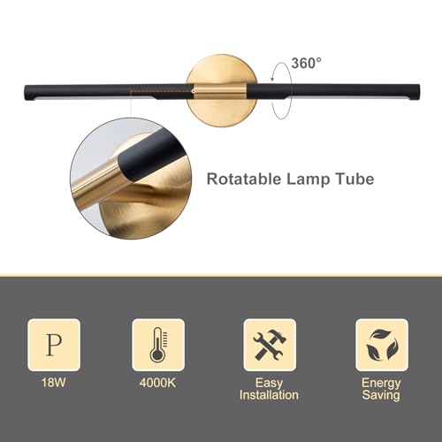 Image of Modern Bathroom Light Fixtures Over Mirror 24 Inch, 18W 360 Rotatable Dimmable 4000K Led Vanity Light Bar, Black and Gold Bathroom Vanity Lights Above Mirror