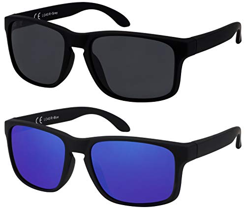 La Optica B.L.M. Sonnenbrille Herren UV400 Retro Sportbrille Fahrradbrille - Doppelpack Set Gummiert Schwarz (1 x Grau, 1 x Blau Verspiegelt)