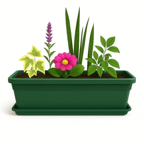 Jardinera de plástico con Plato, Macetero Jardín, Incluye Plato, Fabricado en Polipropileno, Apto balcón, Patio, Interior/Exterior, 60 cm Largo x 16.5 cm Alto x 18 cm Fondo, Verde