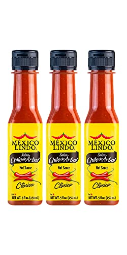 Image of Mexico Lindo Chile de Arbol Hot Sauce Ingredients | 12,190 Scoville Level | Classic Flavor | 5 Fl Oz Bottles (Pack of 3)