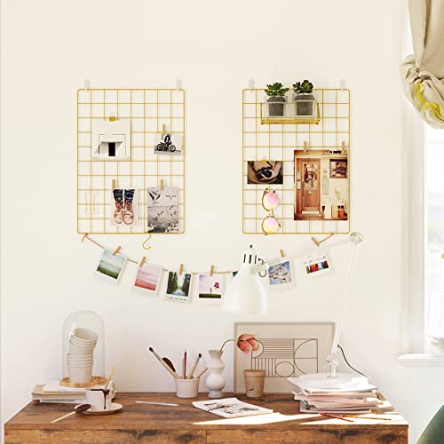 Songmics Grid Photo Wall, 16.5 X 12.2 Inches, Set Of 2, Wire Wall Grid Panel, Photo Wall Display, Diy, Hanging Picture Wall With S Hook, Clip, Hemp Cord, Golden Ulpp01Gd #TOP1