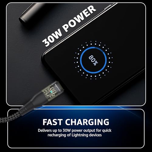 Image of amazon basics Type-C to Lightning iPhone Cable | 30W Fast Charging, 480Mbps Data Sync, Car AirPlay, LED Indicator | Compatible with iPhone 14 /13 /12 /11 /10 /8 /7 /6 /6, iPad, AirPods | 1.2m | Black