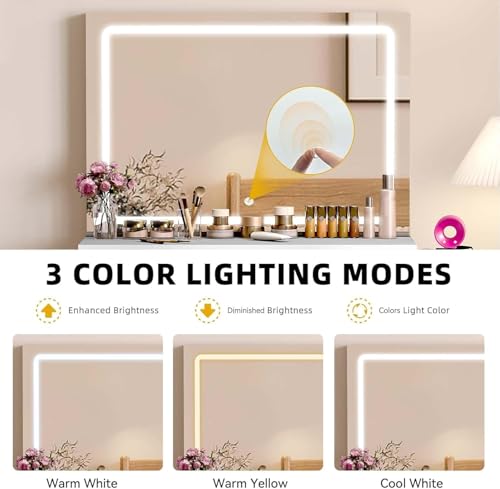 Image of DWVO Makeup Vanity with Large Mirror and LED Lights, Vanity Desk Set with Power Outlet & Chair & 3 Lighting Colors, 4 Drawers, Dressing Table Stool Set for Dressing Room, Pearl White