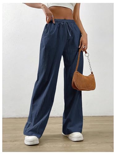 Floerns Women's Elastic High Waist Drawstring Pants Straight Leg Summer Trousers4