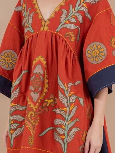 Image of Joiemont Womens Oversized Embroidered Dress with V-Neck and 3 /4 Sleeves Vintage Embroidery Babydoll Dress