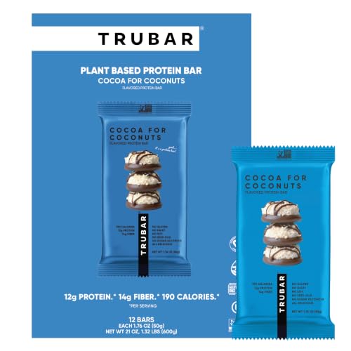 Image of TRUBAR Vegan Protein Bar, Cocoa For Coconuts, Gluten Free, Plant Based Protein, Dairy Free, Non GMO, Soy Free, No Sugar Alcohols, 12G Protein, 12G Fiber, 23G Carb, On the Go Snack Bars, 12ct