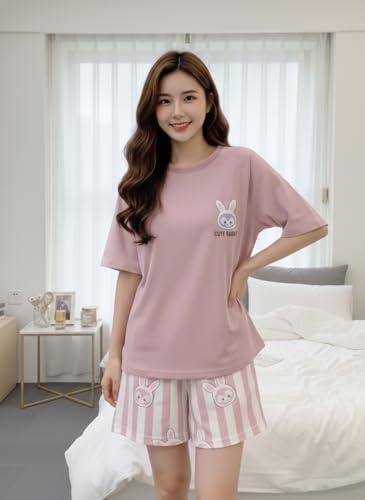 Image of Celary Korean Women's Pyjama Set|Cute Printed T-Shirt & Shorts Set|Soft Cotton Blend Women Night Suit Sleepwear| Shorts Set for Women
