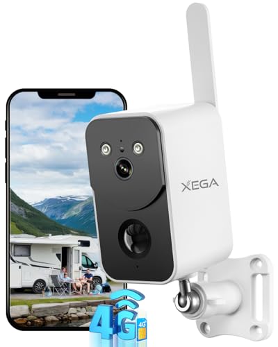 Xega Cámara de Vigilancia 4G LTE con Tarjeta SIM 10000mAh Batería,Portátil Sin Cable para Exterior Interior Visión Nocturna en Color Proyector Sirena Alerta Instantánea por App Impermeable【Sin WiFi】