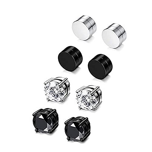 Stainless Steel Magnetic Non-piercing Biker Stud Earrings Set Piercing Huggie Small Hoop Surgical Steel Earring Stud Set Cubic Zirconia Hypoallergenic Earring for Mens Women
