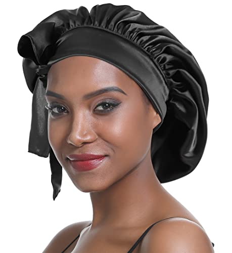 SENGTERM Satin Schlafmütze Doppelschicht Elastisch Satin Bonnet Schluchtrmütze Breites seidiges Band  für Schwarze Frauen mit langem und lockigem Haar (Black)