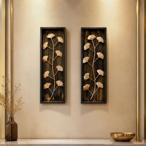 Image of DSH Leaf Wall Art Panels Modern Rustic Home Decor Wall Hanging Sculpture for Living Room, Bedroom & Office (45X15 CM) Decoration Item (Ginkgo Leaf, 2 Frames)