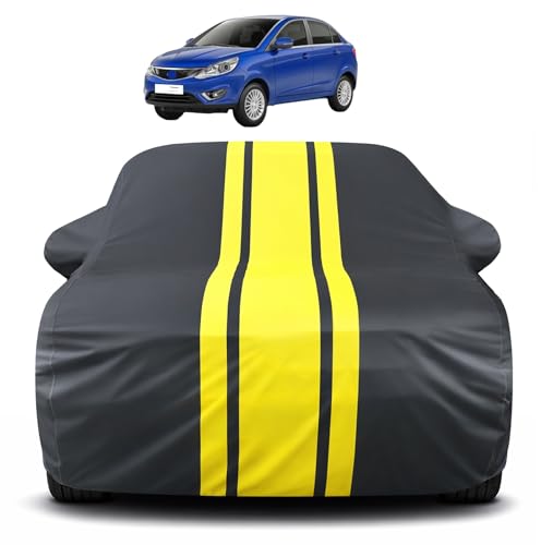 Image of Auto Hub Car Cover Compatible with Tata Zest with Mirror Pocket, Soft Cotton Lining, Zest Car Cover Waterproof - Yellow-Black