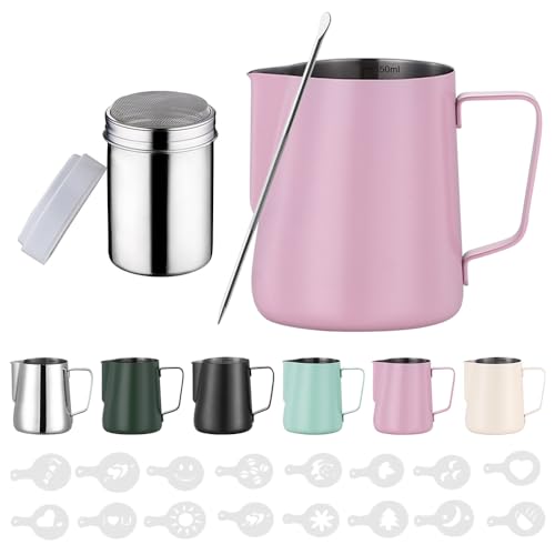 Zuquik Bricco Latte in Acciaio Inox, 350ml, Barista con Misurazione Mark 12oz, Bricco per Latte con Spargitore per Cacao, 16 Stencil e Penna per Cappuccino e Espresso, Rosa