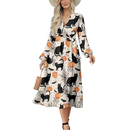 Women's Long Sleeve Halloween Dress V Neck High Tie Waisted A-Line Midi Swing Dress Ruffled Knit Satin Dresses