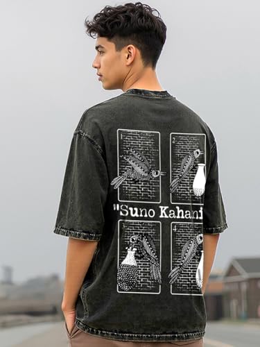 Image of Bewakoof Men's Cotton Typography Oversized Fit Half Sleeve Round Neck T-Shirt | Casual Wear | Street Wear | Oversized t Shirt for Men Cotton | Baggy