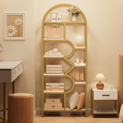 Garvee Bookshelf 6 Tier Arched, Bookcase 82 Inch Tall Display Racks, Geometric Open Storage Shelf, Book Rack Metal Frame Large Modern Bookshelf for, Living Room, Home, Office, Gold+White