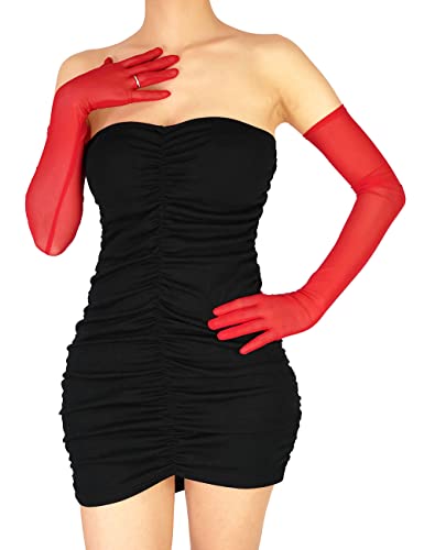 XXDingbs Womens 1920s Flapper Extra Long Sheer Opera Gloves Mesh Tulle Gloves for Bridal Christmas Costume Party Dance Red