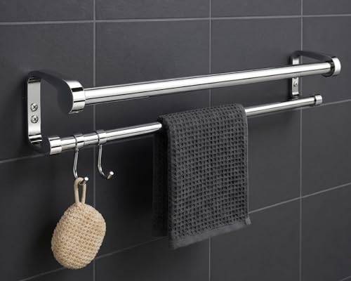 Image of GRIVAN Stainless Steel Wall Mounted 2-Tier Dual Towel Rod with Hooks | Modern Towel Holder in Bathroom for Clothes - Towel Stand (Silver Chrome, 24 inch)