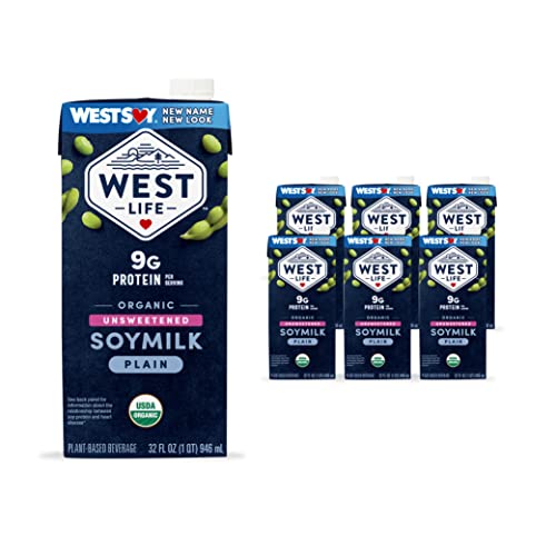 Westsoy Organic Soy Milk, Unsweetened Plain, Low Sugar, 9g of Protein, Vegan Dairy Alternative, Lactose-Free, Shelf Stable, 32oz (Pack of 6)