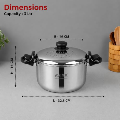 Image of AVIAS Stainless Steel Rice /Pasta Strainer Pot 3L with Built-in Strainer and Locking Lid | Triply Bottom | for Rice, Pasta, Noodles, SOYA & Vegetables | Induction & Gas Compatible