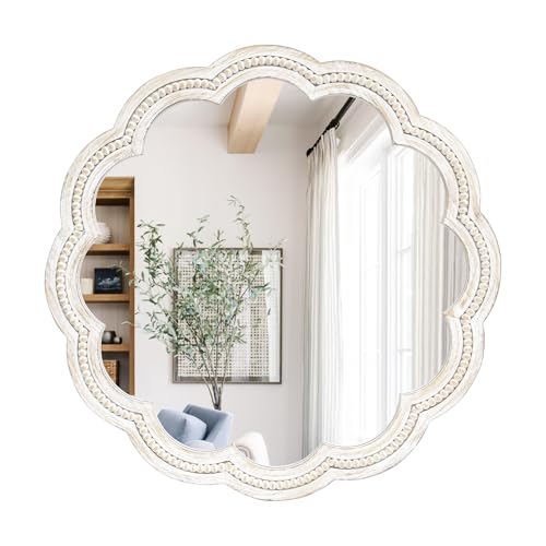 UPPER DECOR 24 Inch Round Wall Mirror, Whitewashed Wooden Frame with Scalloped Edge & Beaded Trim, Decorative Farmhouse Boho Mirror for Bedroom, Bathroom, Living Room, Entryway