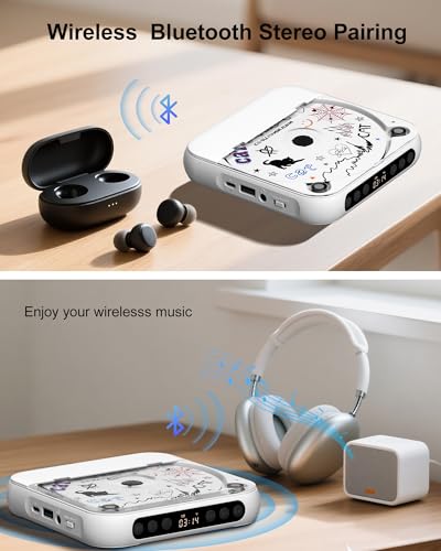Image of ENVYCLOUD CD Player Portable with Stereo Speakers, Rechargeable Portable Player with Bluetooth for Home with Headphones, Support CD /AUX /USB,White