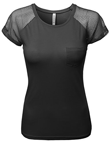 Awesome21 Women's Casual Mesh Sleeve Pointed Tops