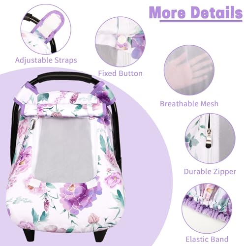 Image of Car Seat Cover Baby, HNHUAMING Infant Car Seat Covers Canopy for Baby Girl Boy, Cozy & Windproof Newborn Carseat Covers Minky Dot Backing Stroller Cover with Breathable Mesh Window, Purple Flower