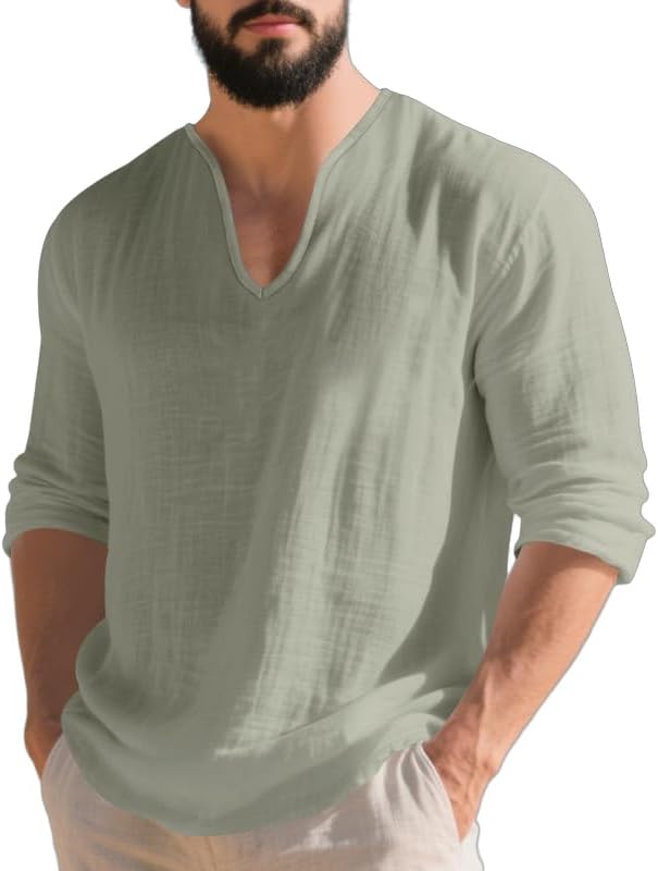 Mens Linen V-Neck Shirts Casual Long Sleeve Hippie Yoga Tops Lightweight Summer Beach Shirt