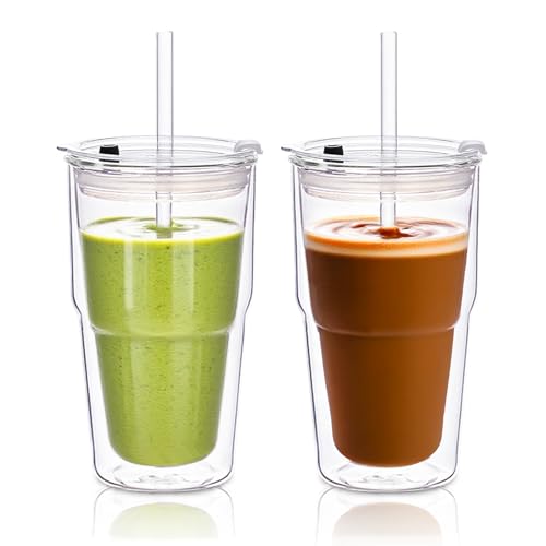 KEMORELA 2 Pack Double Wall Borosilicate Glass Tumblers with Lids and Straws
