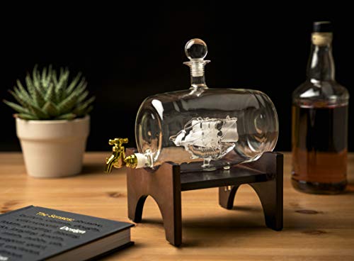 Denizli Spirits 40 Oz Handmade Barrel Decanter With Wooden Stand, Drink Dispenser For Wine, Whiskey, Brandy, Tequila, Bourbon, Scotch, Rum And Liquor (With Funnel) #TOP1