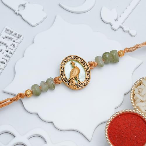 Image of eCraftIndia Peacock Rakhi for Brother Bhaiya Bhai with Best Bro Ever Fridge Magnet | Roli Chawal Pack