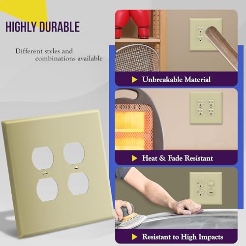 Image of ENERLITES Double Duplex Receptacle Cover, Two Gang Outlet Wall Plate, Oversized 2-Gang 5.5 inch x 5.5 inch, Unbreakable Polycarbonate Thermoplastic, UL Listed, 8822O-I, Ivory