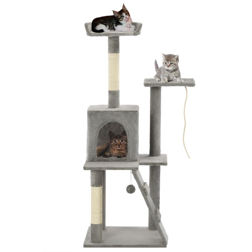 Kratzbaum 120 cm Katzenbaum mitSisalsäulen und Spielhaus Grau | Stabiler Kletterbaum fürs Wohnzimmer mitAussichtsplattform, kuscheliger Höhle, Spielseil und Rampe für Katzen.
