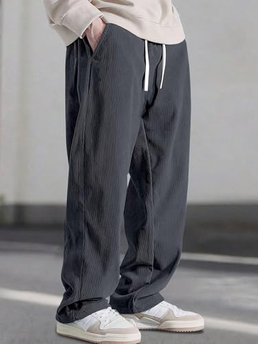 Image of Pinkmint Men's Stretchable Ribbed Track Pants | Poly Lycra Relaxed Fit Trousers | Elastic Waist Drawstring Joggers | Casual, Gym, Lounge Wear for Men