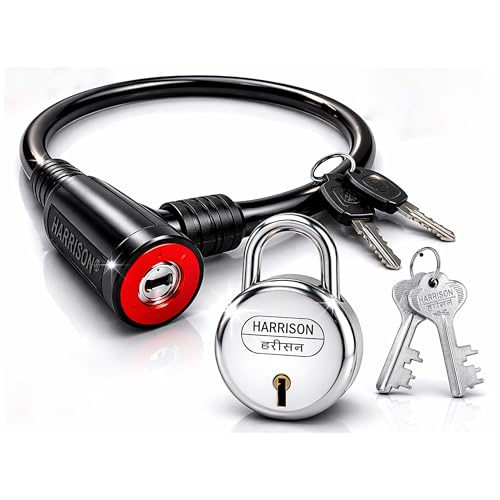 Image of HARRISON 0198 Cable Lock with 30mm Padlock│ Heavy Duty Cable Lock│Cable Coil Anti Theft with 2 Security Keys for Bike, Bicycle, Motorcycle, Luggage and Helmet